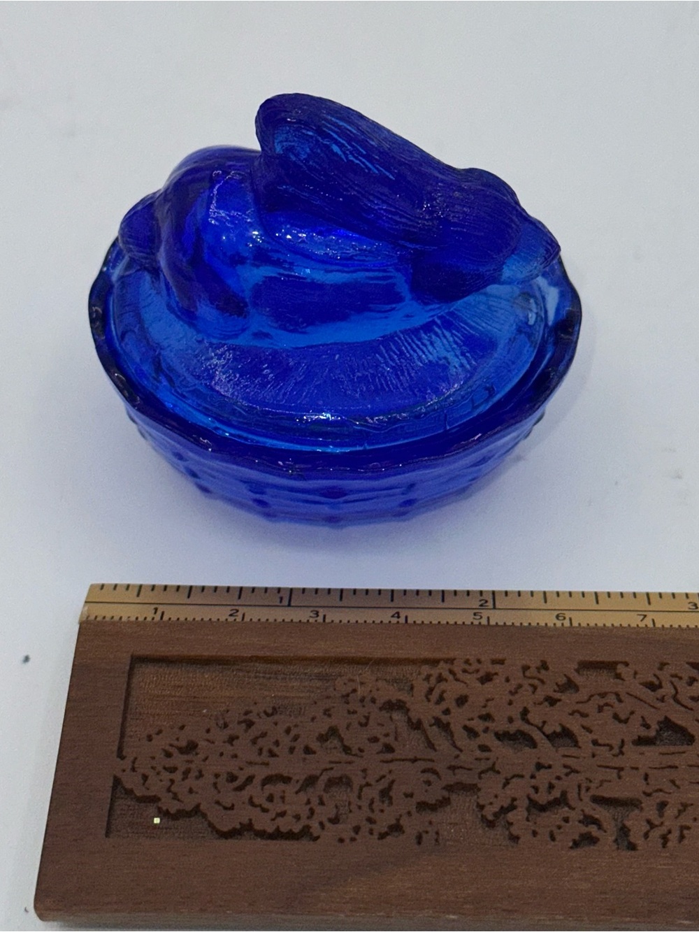 Mini Bunny Rabbit Nest Cobalt Blue Salt Dip Trinket Candy Dish Cottage Glass AB4